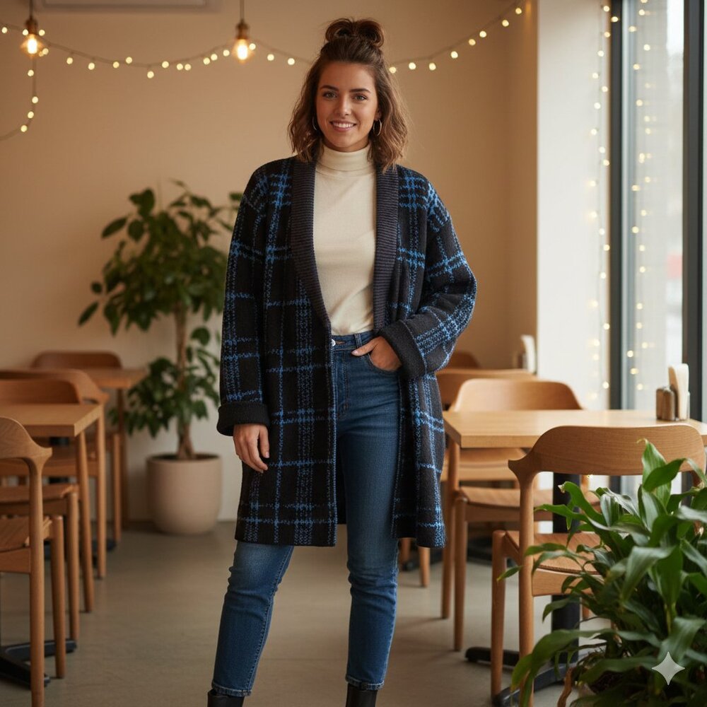 Kerisma Chunky Blue Plaid Sweater Coat - Heavy Knit - Mid Length - Size M